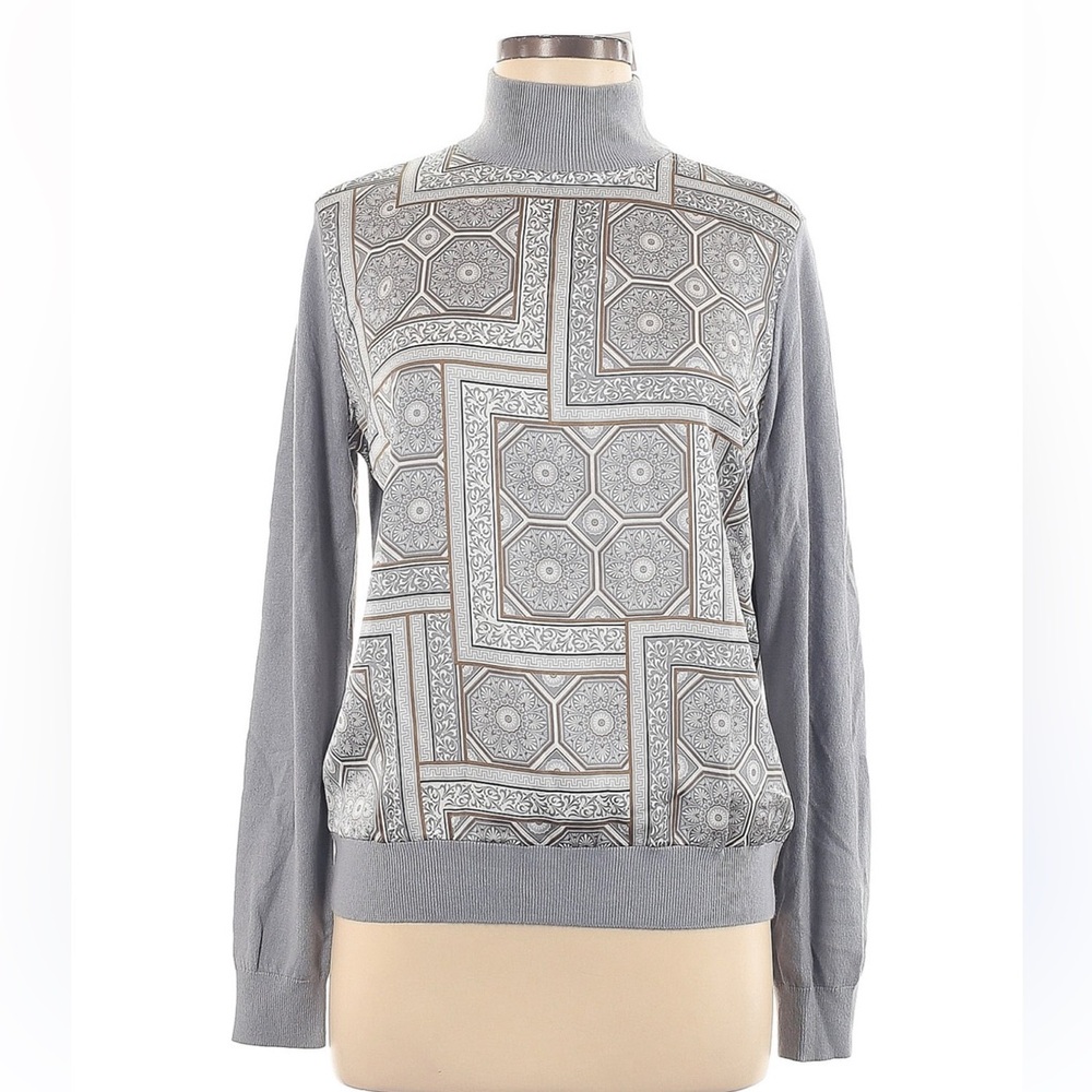 Ann Taylor Women Pullover Sweater Mock Neck Geometric Viscose Gray Size SP